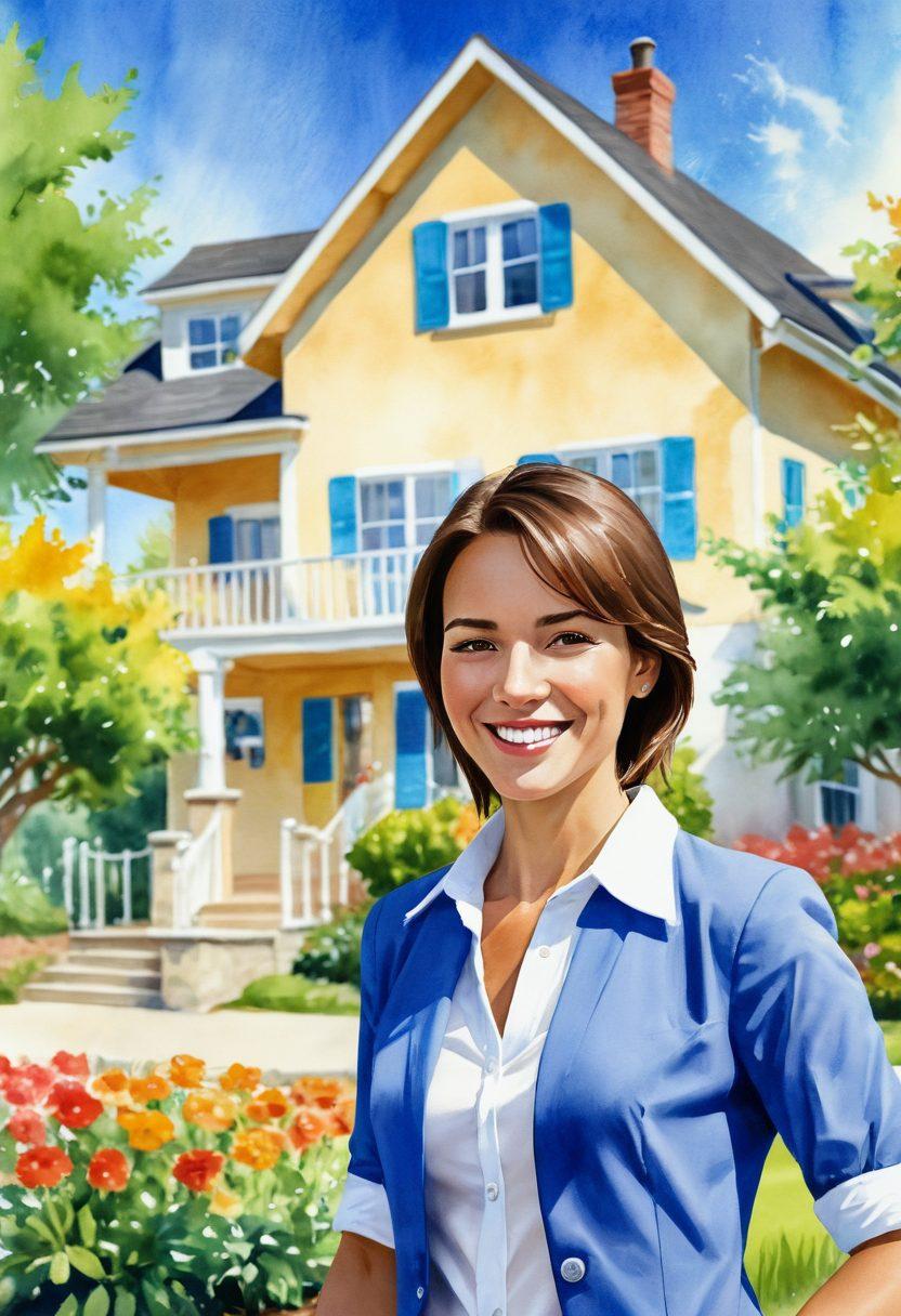 A vibrant scene of a smiling realtor standing in front of a charming house, engaging happily with a diverse group of buyers and sellers shaking hands. Include elements of a well-kept garden and a bright blue sky to symbolize joy and satisfaction. Capture the warmth of human connections with sunlight illuminating their faces. watercolor style. cheerful colors. soft background.