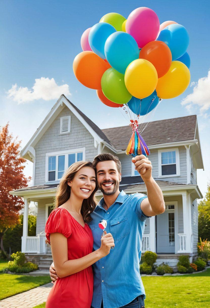 A cheerful couple holding the keys to their new home, surrounded by colorful balloons and a 'SOLD' sign, with a bright blue sky in the background. Highlight smiles and happiness on their faces, capturing the essence of joy in real estate transactions. Include elements of a comfortable and inviting home, such as a well-kept garden. vector art. vibrant colors. white background.