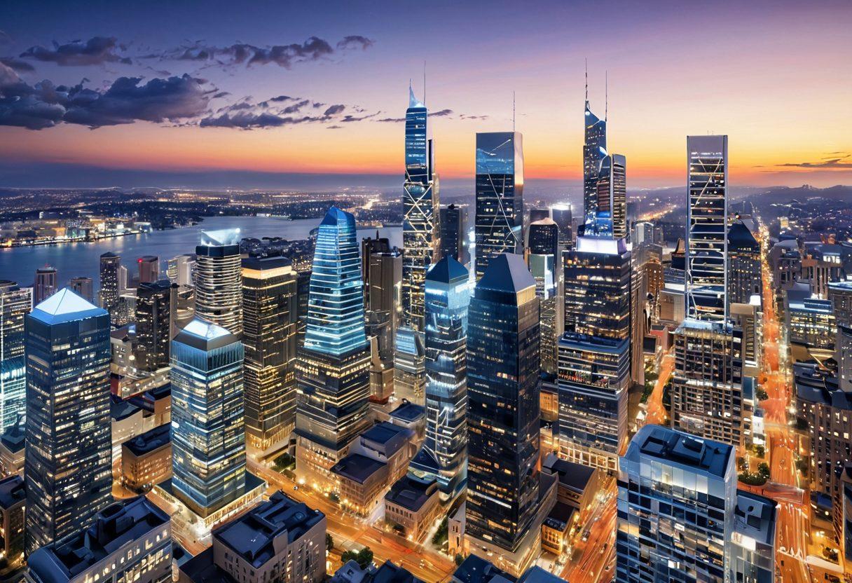 A detailed cityscape with diverse properties, showcasing residential, commercial, and luxury buildings. Include a diverse group of real estate experts engaged in a dynamic discussion, with charts and graphs illustrating market trends in the foreground. The sky should be bright and optimistic, symbolizing growth and opportunity. Enhance with an overlay of digital data and location pins to represent the navigation aspect of the property market. vibrant colors. super-realistic. 3D.